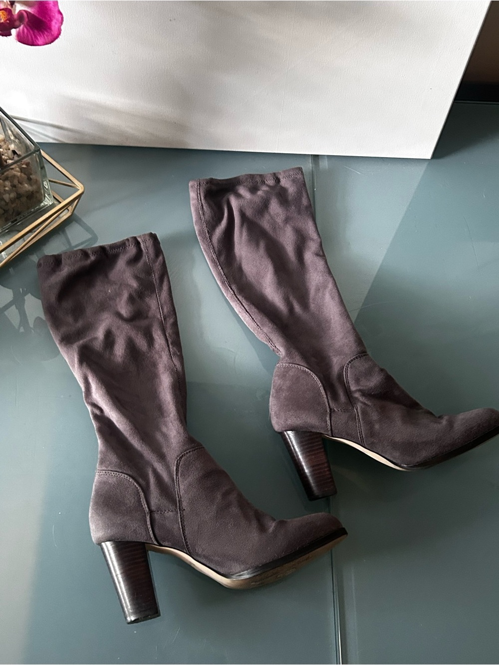 Knee High suede pull on stretch boots Grey Size 7.5 or 8 / 38 EU Boden - Picture 4 of 16